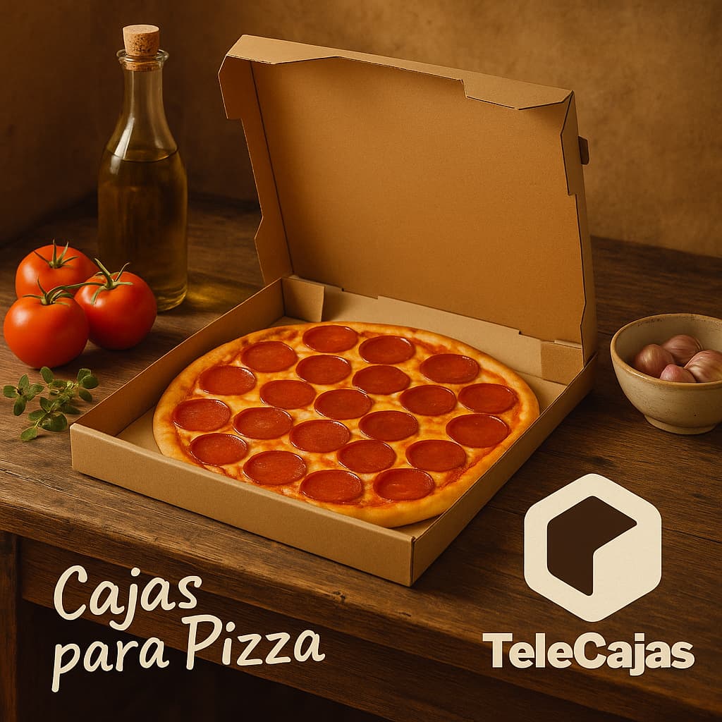 Caja de cartón anónima marrón abierta con pizza, sobre mesa rústica con tomates frescos, orégano, ajo y botella de aceite de oliva, ideal para pizzerías, restaurantes, take away y delivery.