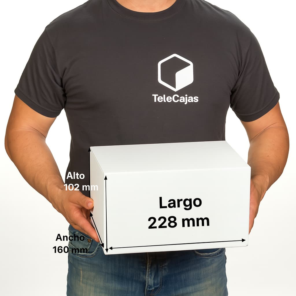 Cajita de embalaje pequeña y robusta de 228x160x102 mm en color blanca interior y exterior. Perfecta para packaging ecológico de productos ligeros, envíos por mensajería o protección de objetos delicados. Fabricada en cartón reciclado de canal simple, ideal para negocios online que buscan una presentación cuidada y funcional.