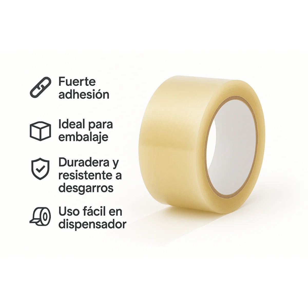 Cinta adhesiva transparente 126 m x 48 mm, precinto de embalar en rollo con adhesivo de alta adherencia para cierre de cajas de cartón.
