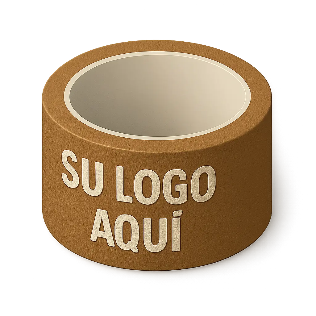 Rollo de cinta adhesiva marrón personalizada con el texto 'Su logo aquí', ideal para cerrar cajas de forma profesional y destacar la marca