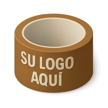 Rollo de cinta adhesiva marrón personalizada con el texto 'Su logo aquí', ideal para cerrar cajas de forma profesional y destacar la marca