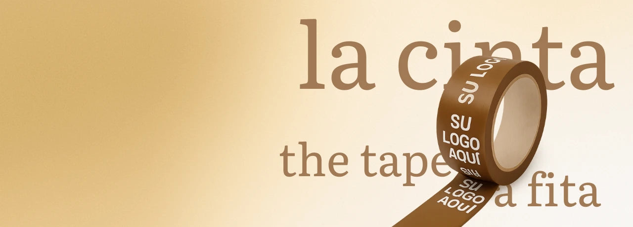 Cinta adhesiva transparente personalizada con el texto “Su logo aquí”, ideal para cerrar cajas de cartón en envíos, mudanzas o embalaje industrial.1621243260e1af0c20-0