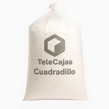 saco de Tacos de poliestireno expandido en forma de cubos o cuadradillos, perfectos para rellenar huecos y proteger productos frágiles durante el transporte. Este relleno para embalaje es reutilizable y ofrece gran absorción de impactos. Ideal para packaging profesional y envíos ecommerce delicados.