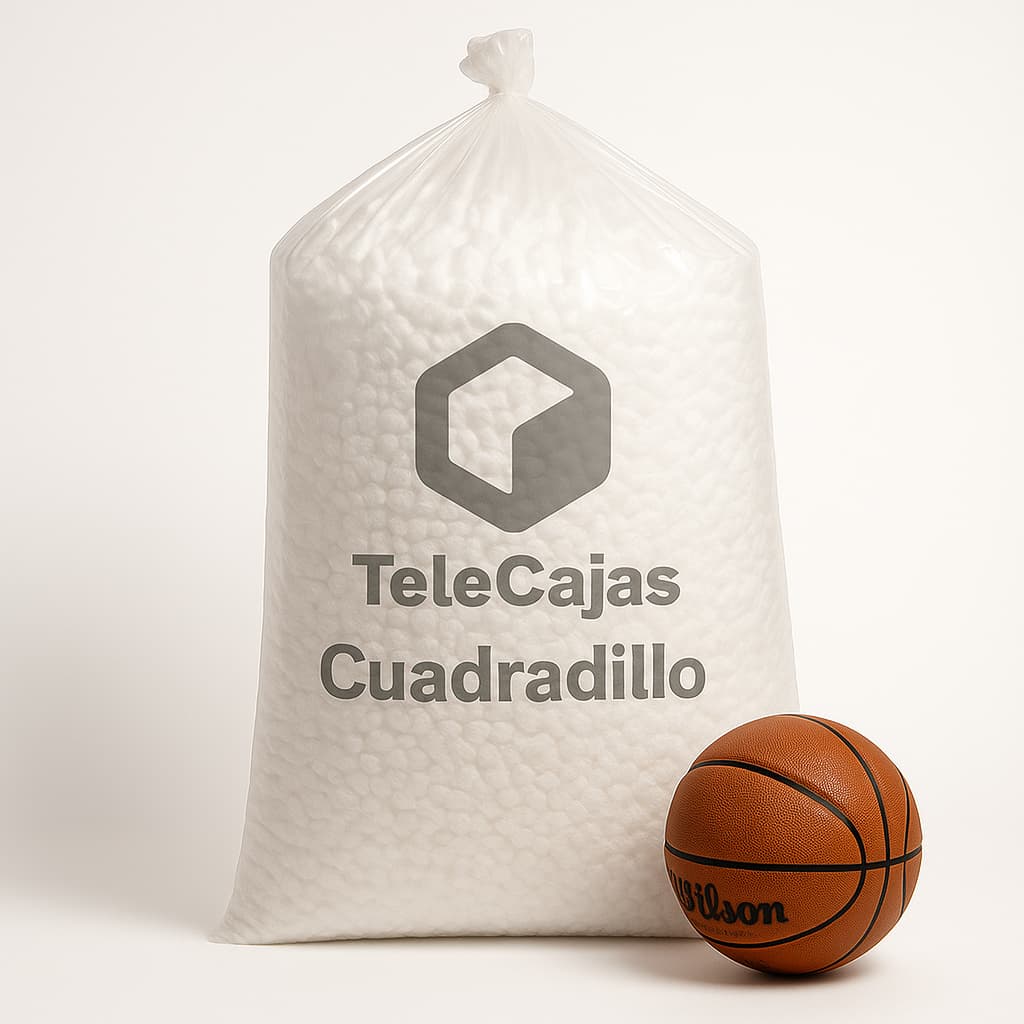 saco de Tacos de poliestireno expandido en forma de cubos o cuadradillos, perfectos para rellenar huecos y proteger productos frágiles durante el transporte. Este relleno para embalaje es reutilizable y ofrece gran absorción de impactos. Ideal para packaging profesional y envíos ecommerce delicados.