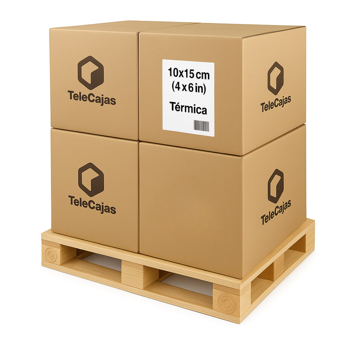 Palet de cajas con Etiquetas térmicas adhesivas 10x15 cm en rollo, pack de 1000, ideales para envíos de paquetes en mensajerías y agencias de transporte