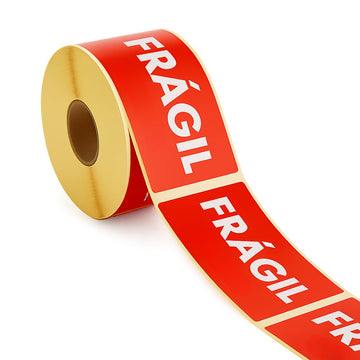 Rollo Etiquetas adhesivas rojas Frágil 10x5 cm para advertencia y visibilidad en paquetes de envíos y almacenaje.