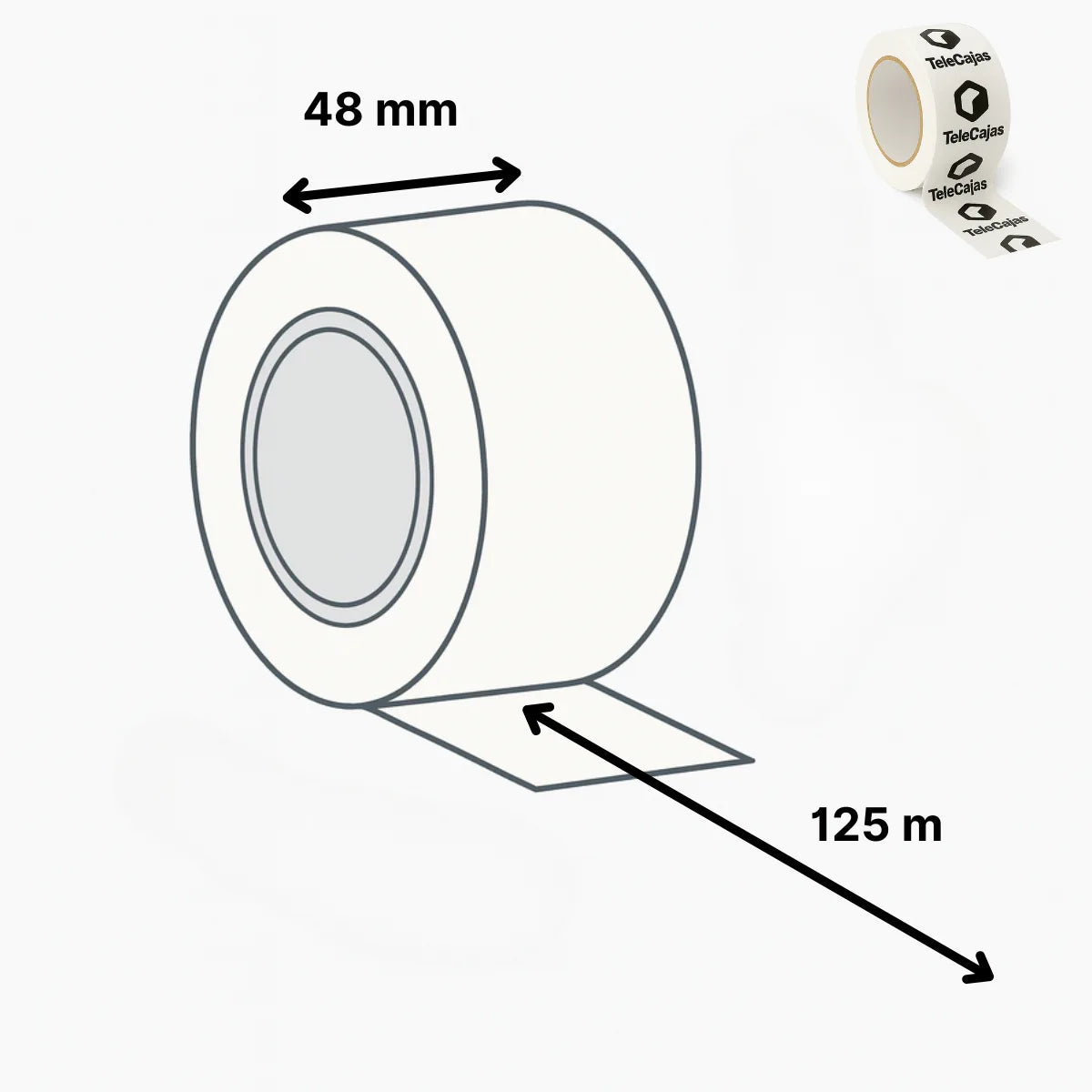 Rollo de cinta adhesiva para embalar TeleCajas de 48 mm x 125 m, ideal para precintar cajas de cartón en envíos ecommerce y mudanzas.
