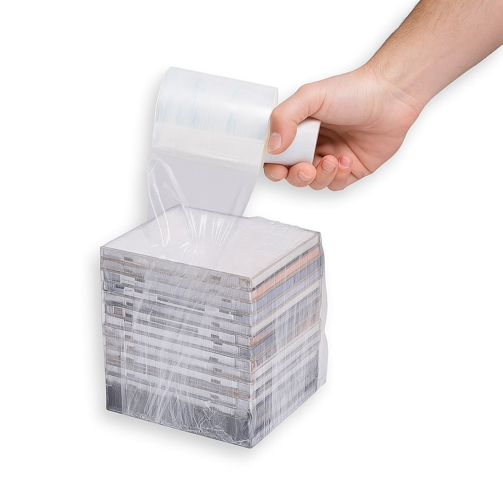 Rollo de film transparente estirable Minifilm con anilla extendida, ideal para embalar, fijar y proteger paquetes.