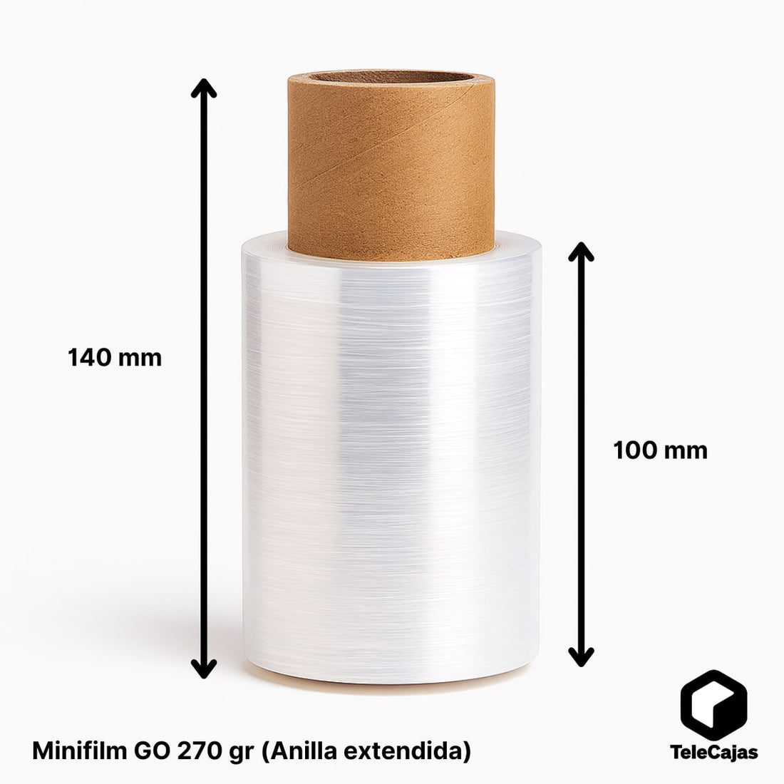 Roll of clear Minifilm GO 270 g stretch film with extended core, ideal for wrapping, securing and protecting parcels.