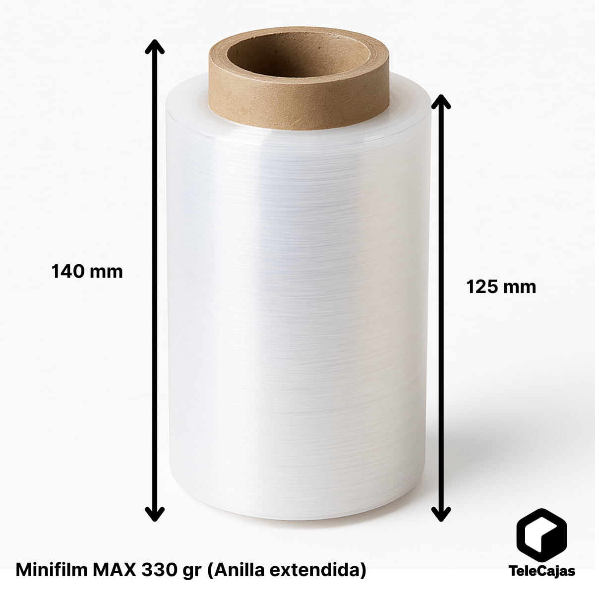 Rollo de film transparente estirable Minifilm MAX 330 gramos con anilla extendida, ideal para embalar, fijar y proteger paquetes.