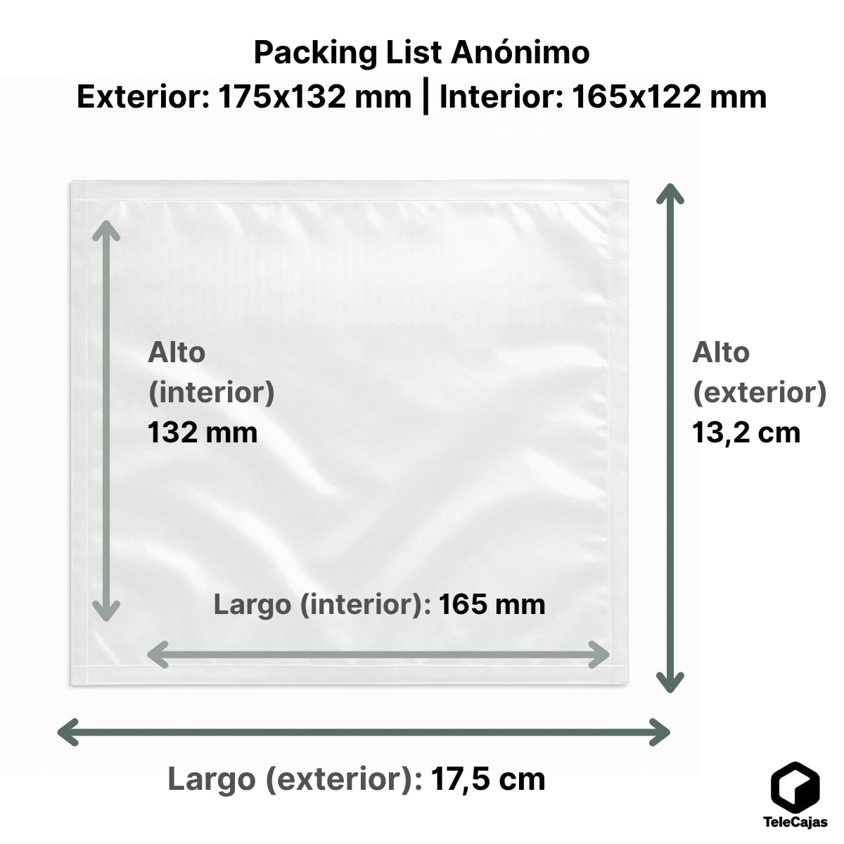 Lista de embalagem | Exterior: 175x132 mm | Interior: 165x122 mm | A4 dobrado em 4 | Envelopes contém documentação | Pacote com 1000 sacos