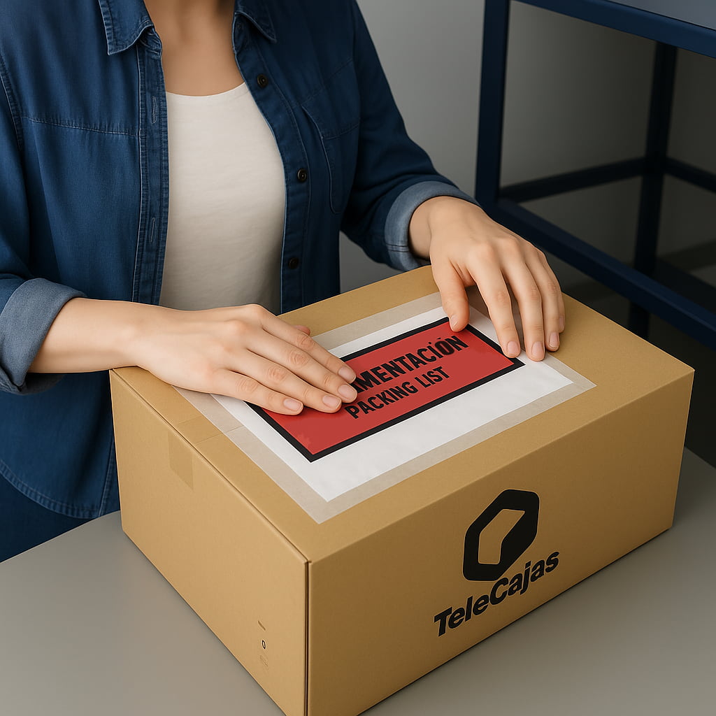 Una persona coloca una etiqueta roja con el texto 'DOCUMENTACIÓN PACKING LIST' en una caja de cartón. En un costado de la caja se ve impreso en pequeño el logotipo de TeleCajas en color negro.
