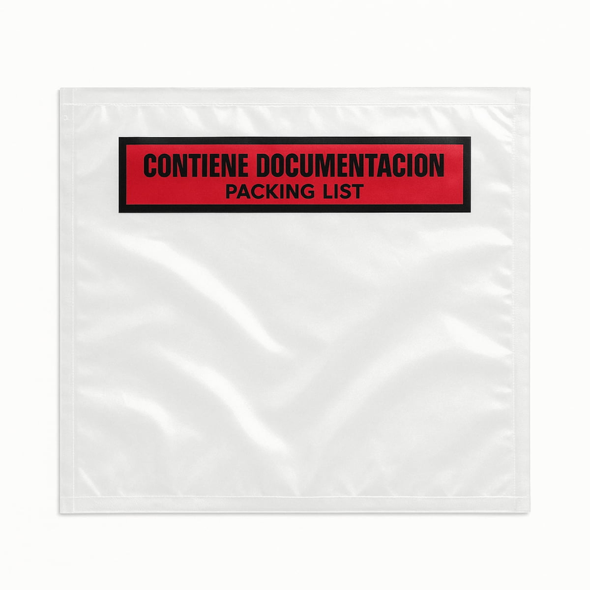 Sobre transparente para packing list con franja roja y texto 'Contiene documentación / Packing List', ideal para adjuntar documentos de envío en cajas y paquetes