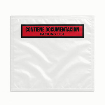 Sobre transparente para packing list con franja roja y texto 'Contiene documentación / Packing List', ideal para adjuntar documentos de envío en cajas y paquetes