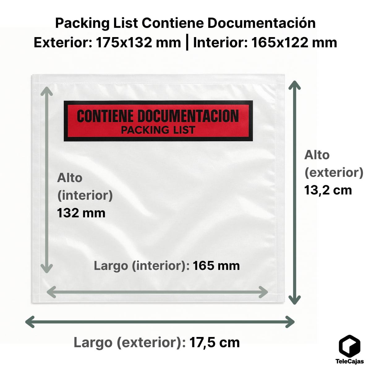 Lista de embalagem | Exterior: 175x132 mm | Interior: 165x122 mm | A4 dobrado em 4 | Envelopes contém documentação | Pacote com 1000 sacos