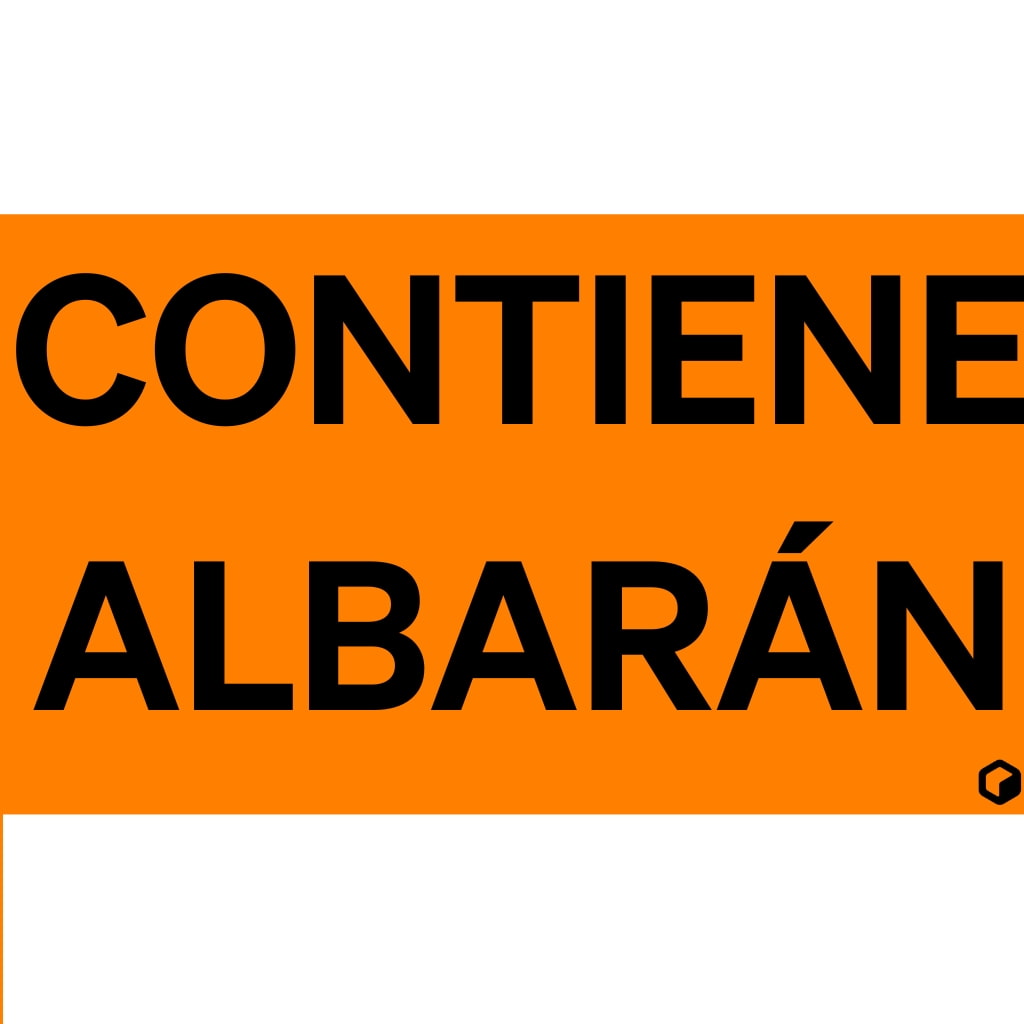 Pegatina adhesiva rectangular naranja con el texto en negro 'CONTIENE ALBARÁN', utilizada para señalizar paquetes con documentación