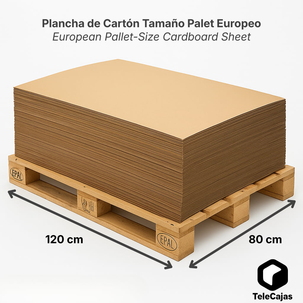 Planchas de cartón tamaño 120x80 cm. superficie palet europeo. Refuerzos estructurales en cajas de envío y protección interior