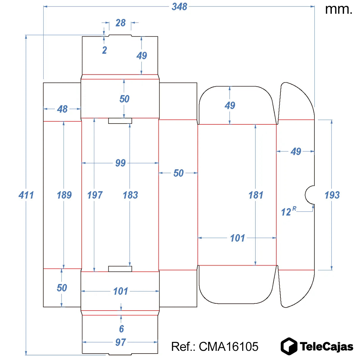 Plano detallado cotas caja 16x10x5cm