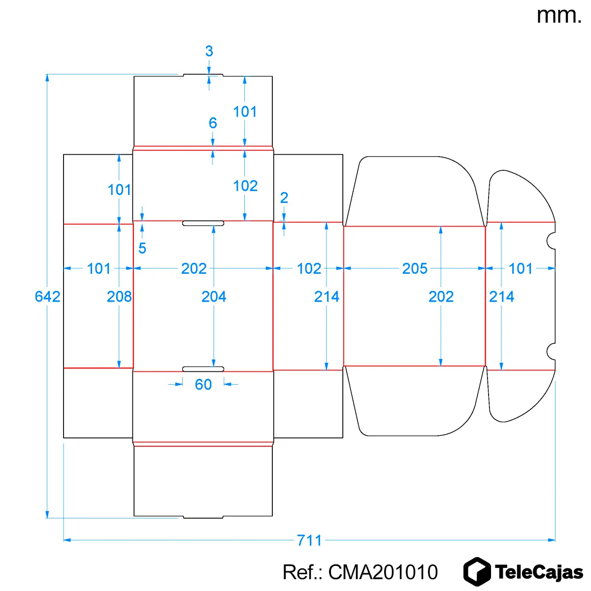 Plano y cotas en mm caja automontable 20x10x10