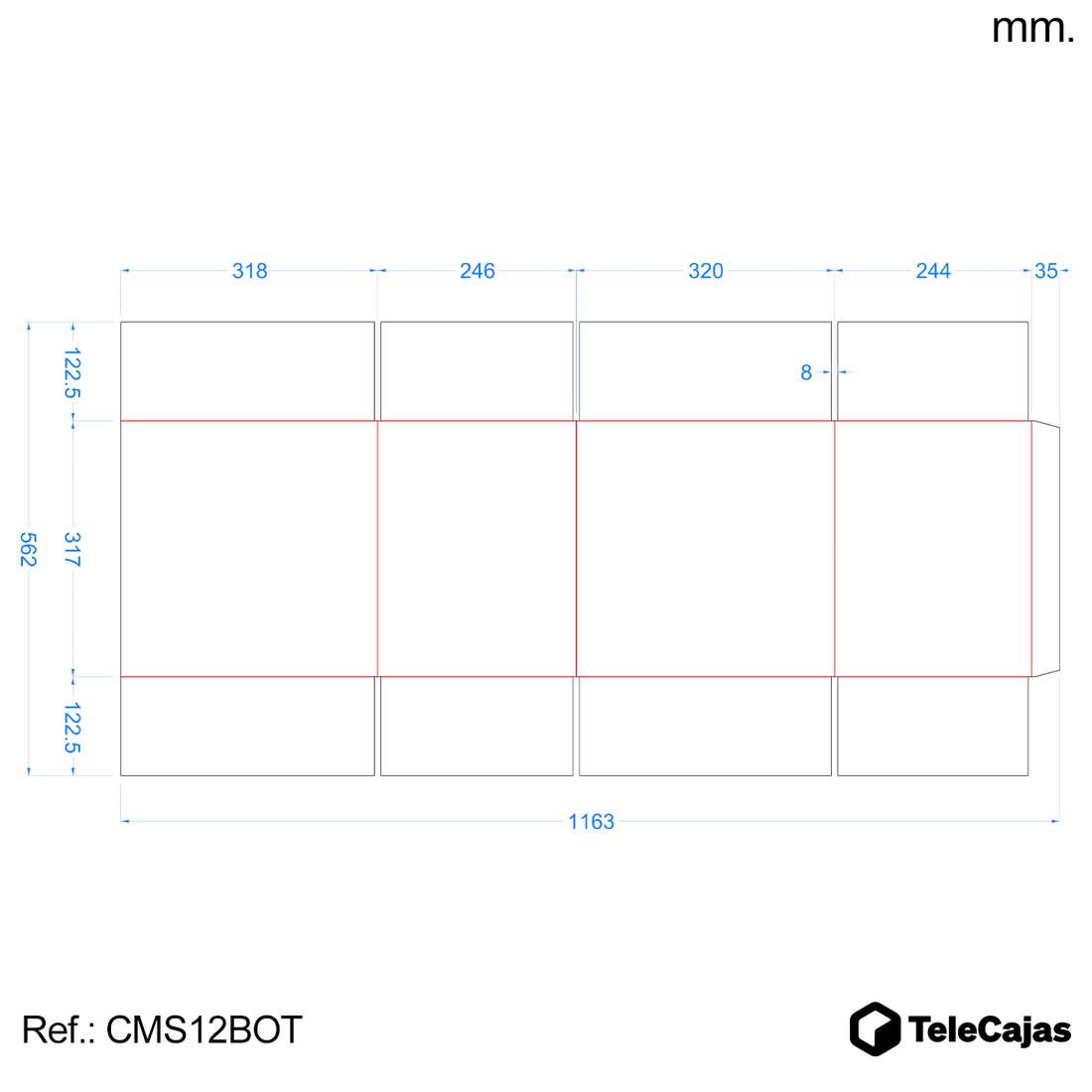 plano acotado Caja de cartón con separadores para 12 botellas de vino, ideal para envíos seguros y almacenamiento.