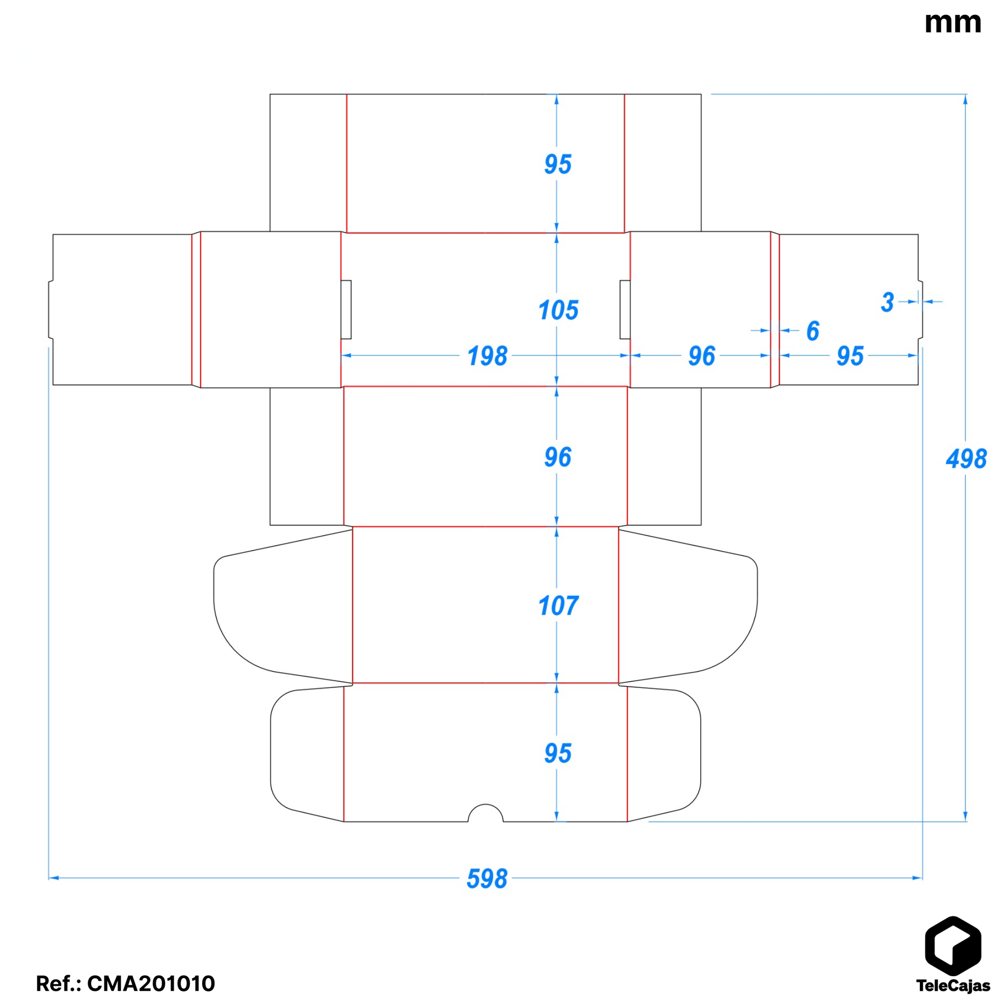 Plano y cotas en mm caja automontable Cajita de embalaje resistente de canal simple reforzado, automontable y anónima, fabricada en cartón reciclado kraft. Dimensiones interiores 20x10x9,6 cm. 
