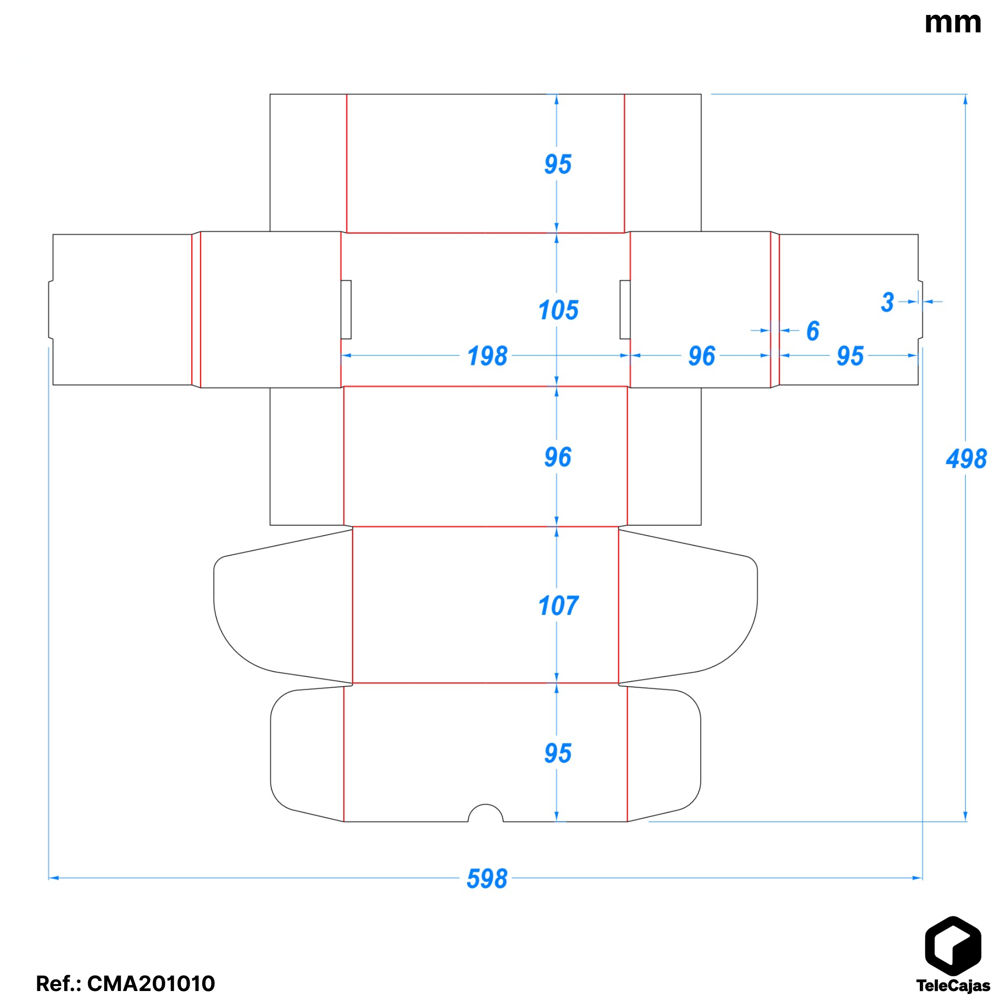 Plano y cotas en mm caja automontable Cajita de embalaje resistente de canal simple reforzado, automontable y anónima, fabricada en cartón reciclado kraft. Dimensiones interiores 20x10x9,6 cm. 