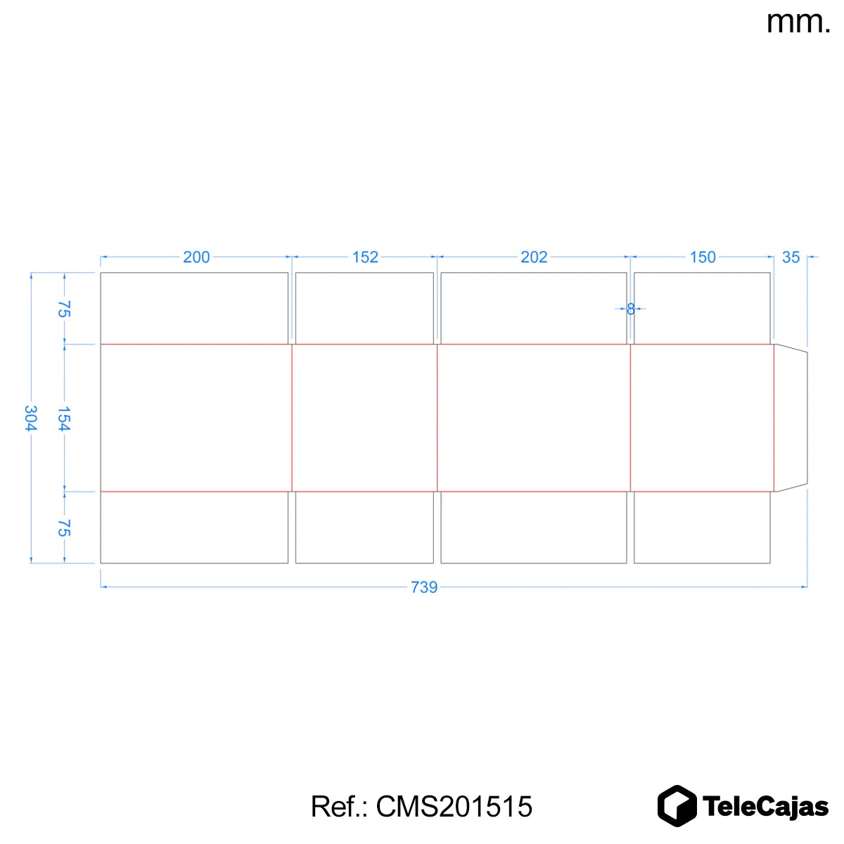 plano acotado Caja de embalaje resistente de canal simple, medida interior 20x15x15 cm, ideal para envíos online o almacenaje. Diseño funcional con indicación de medida de largo. Perfecta para ecommerce que buscan packaging ecológico, práctico y reutiliza