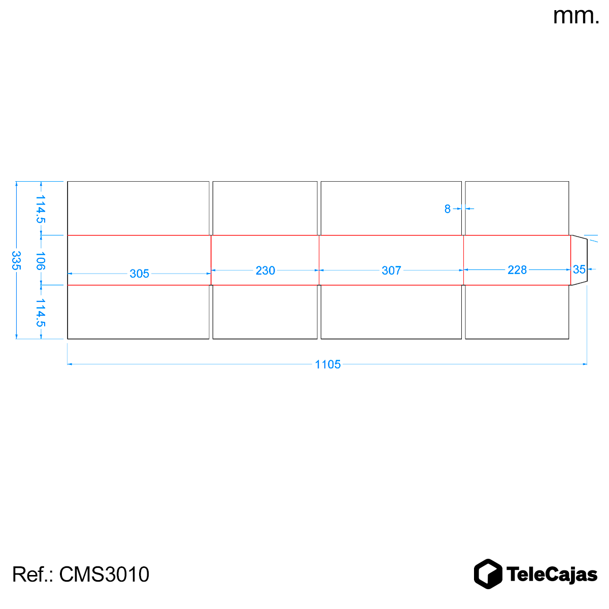 plano acotado caja 305x228x102mm marron telecajas