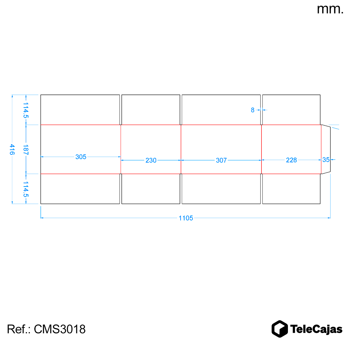 plano acotado caja 305x228x183mm Caja de embalaje muy robusta de canal simple reforzada, fabricada en cartón resistente. Medidas interiores: largo 30,5 cm, ancho 22,8 cm y alto 18,3 cm. Perfecta para packaging ecológico, envíos por mensajería o almacenamiento doméstico. Solución versátil para tiendas online y uso industrial ligero.