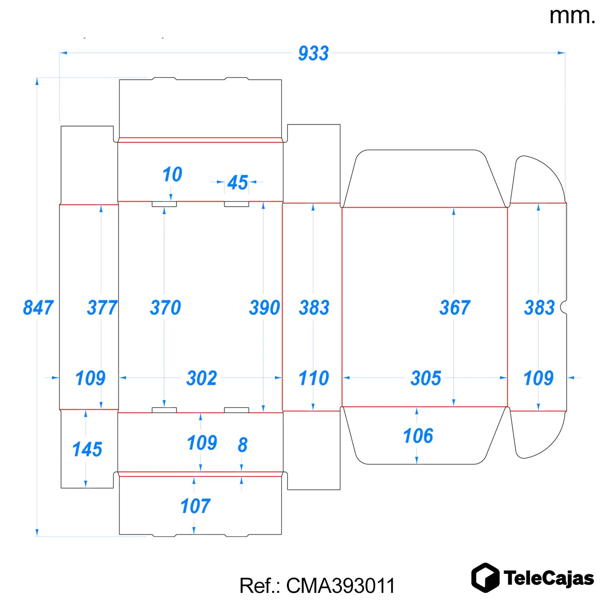 plano acotado caja 39x30x11 cm telecajas