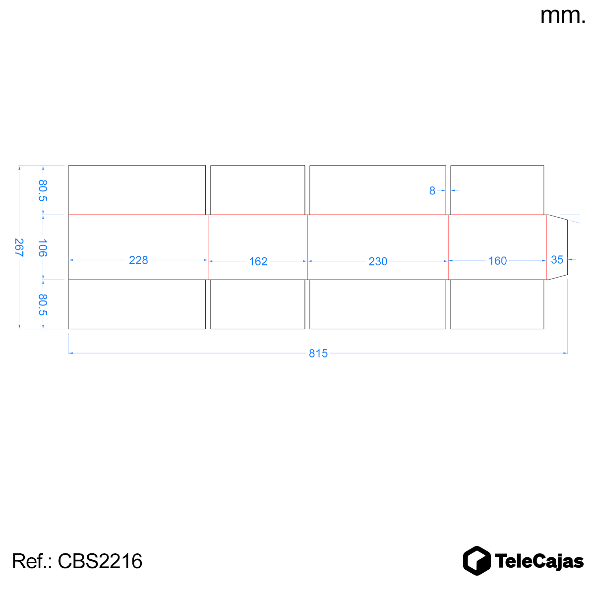 plano acotado caja 228x160x102-mm blanca telecajas