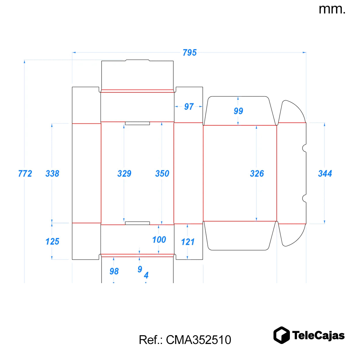plano acotado caja 35x25x10 cm telecajas