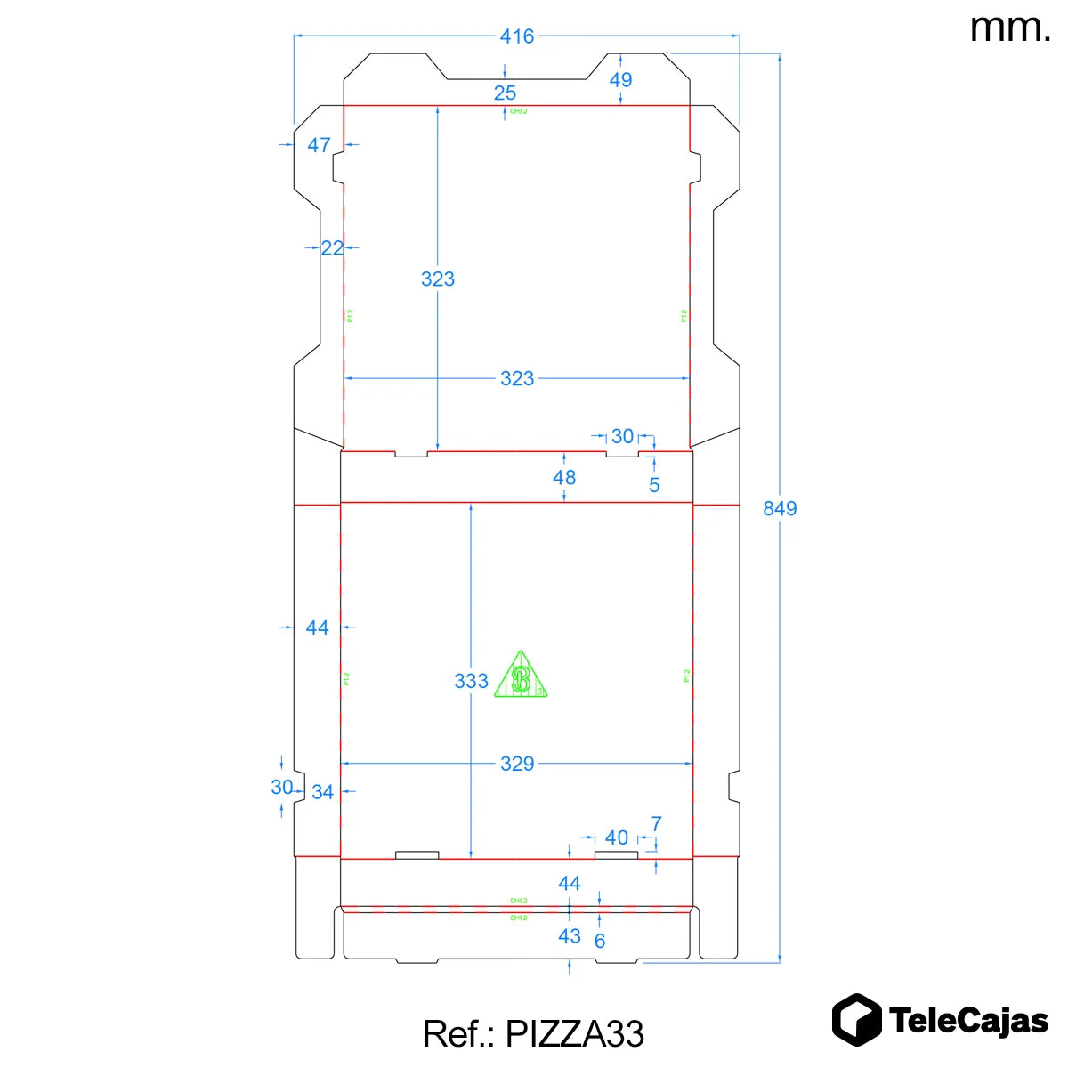 plano acotado Medidas Caja robusta para pizza 33x33 cm de cartón reciclado resistente, anónima sin impresión, ideal para pizzerías, restaurantes y delivery.