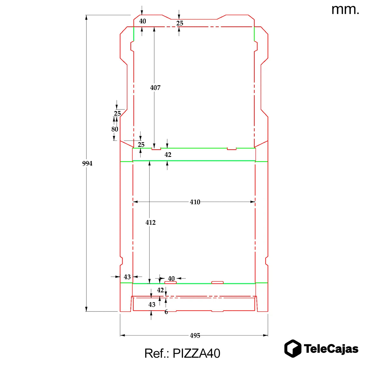 plano cotas Medidas Caja robusta para pizza 33x33 cm de cartón reciclado resistente, anónima sin impresión, ideal para pizzerías, restaurantes y delivery.
