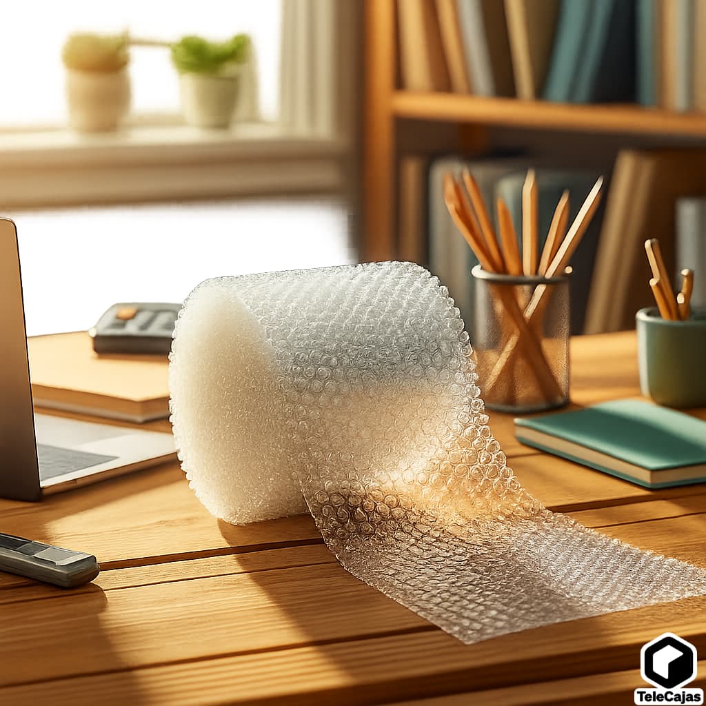 Oficina con Rollo Plástico de burbujas alta presión con mayor amortiguación para proteger objetos frágiles en envíos y mudanzas.
