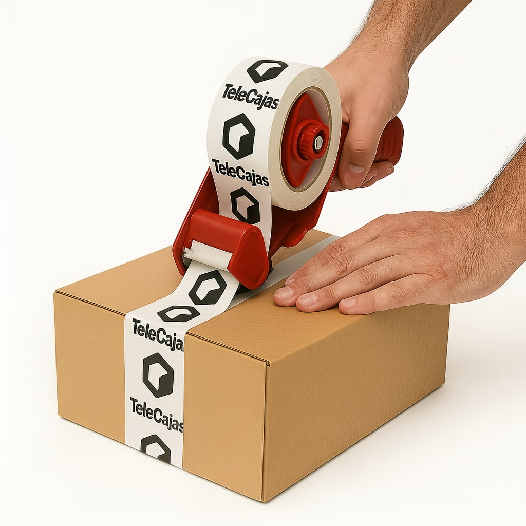 Precintadora con Rollo de precinto de embalar TeleCajas 125 metros, cinta adhesiva resistente para cajas y envíos.
