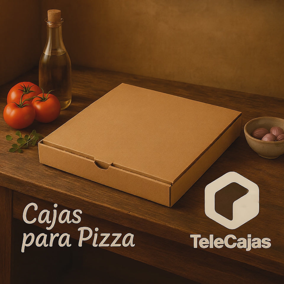 Video Caja de cartón anónima marrón abierta con pizza, sobre mesa rústica con tomates frescos, orégano, ajo y botella de aceite de oliva, ideal para pizzerías, restaurantes, take away y delivery.