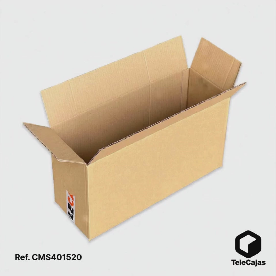Video 360 Caja de embalaje resistente de canal simple en color marrón kraft, con medidas interiores de 40x15x20 cm. Perfecta para envíos ecommerce, mudanzas o almacenaje de objetos alargados. Packaging ecológico fabricado en cartón reciclado, sin asas ni impresiones para mayor discreción