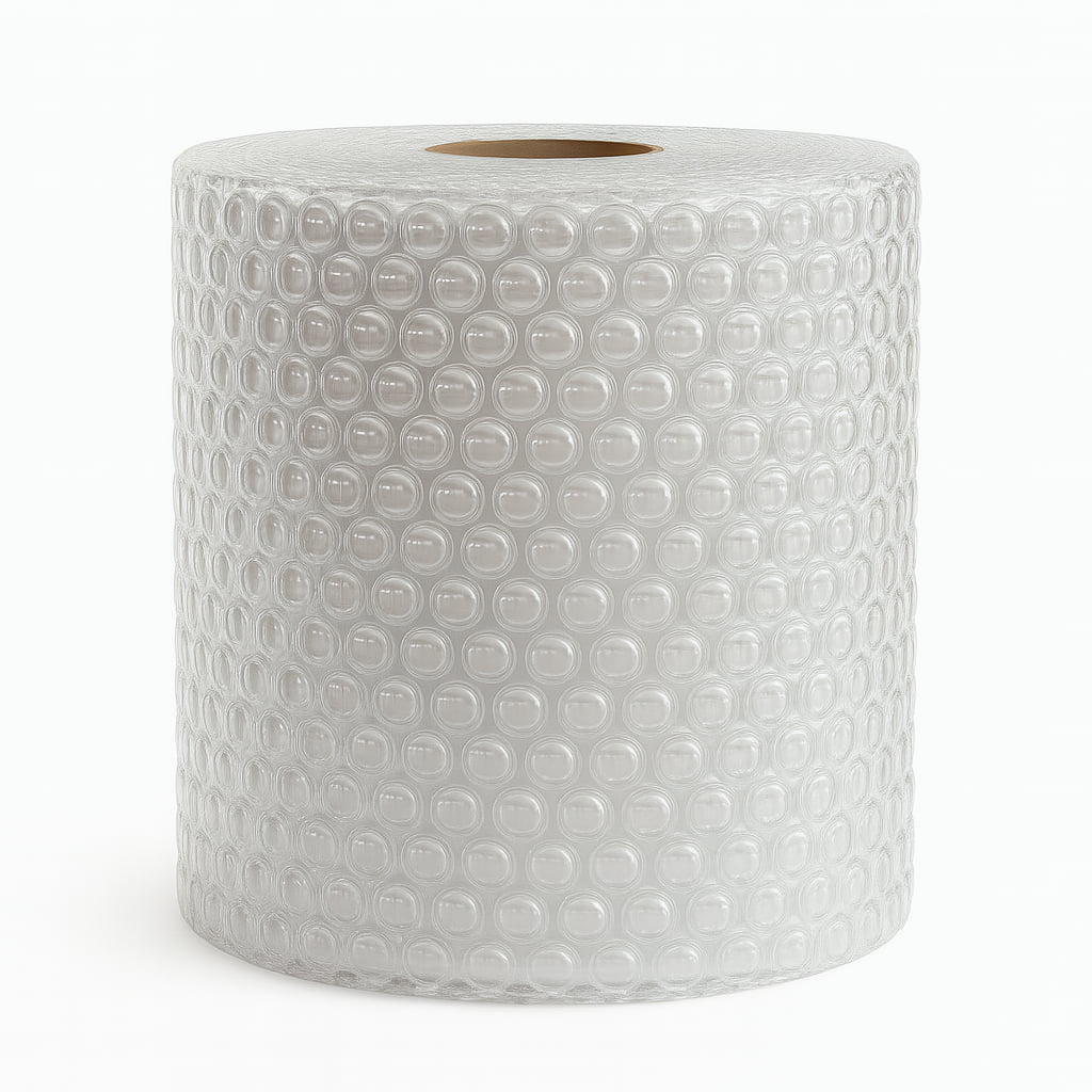 Rollo de plástico burbuja americana de 2,5 cm de diámetro, modelo jumbo con alta presión de aire. Ideal para proteger productos frágiles en envíos de ecommerce o mudanzas industriales. Medidas: 75 metros de largo.
