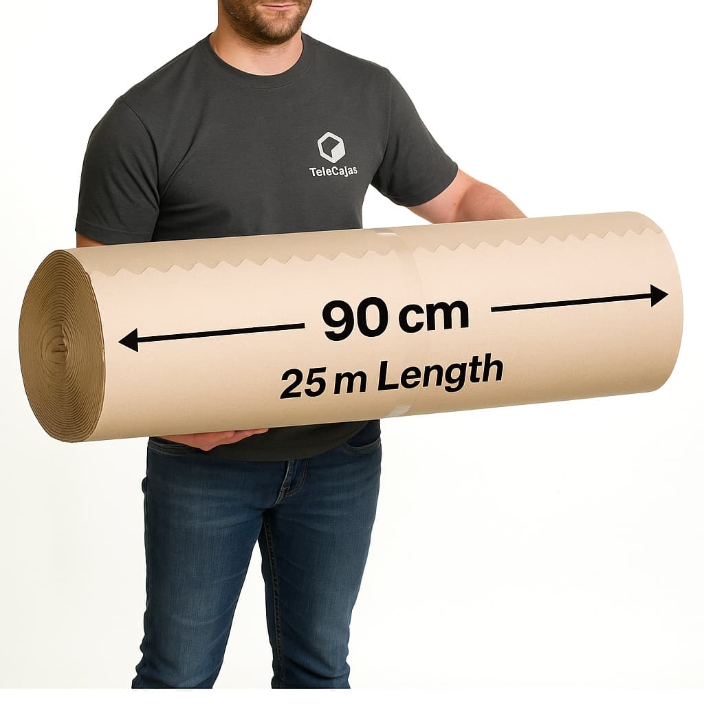 Rollo de cartón ondulado marrón de 90 cm de ancho y 25 metros de largo, ideal para protección en embalajes, mudanzas y envíos ecommerce.