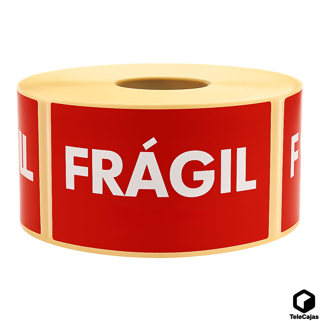 Rollo de 1000 pegatinas rojas de “FRÁGIL” en sus caras, utilizada para indicar mercancía delicada.
