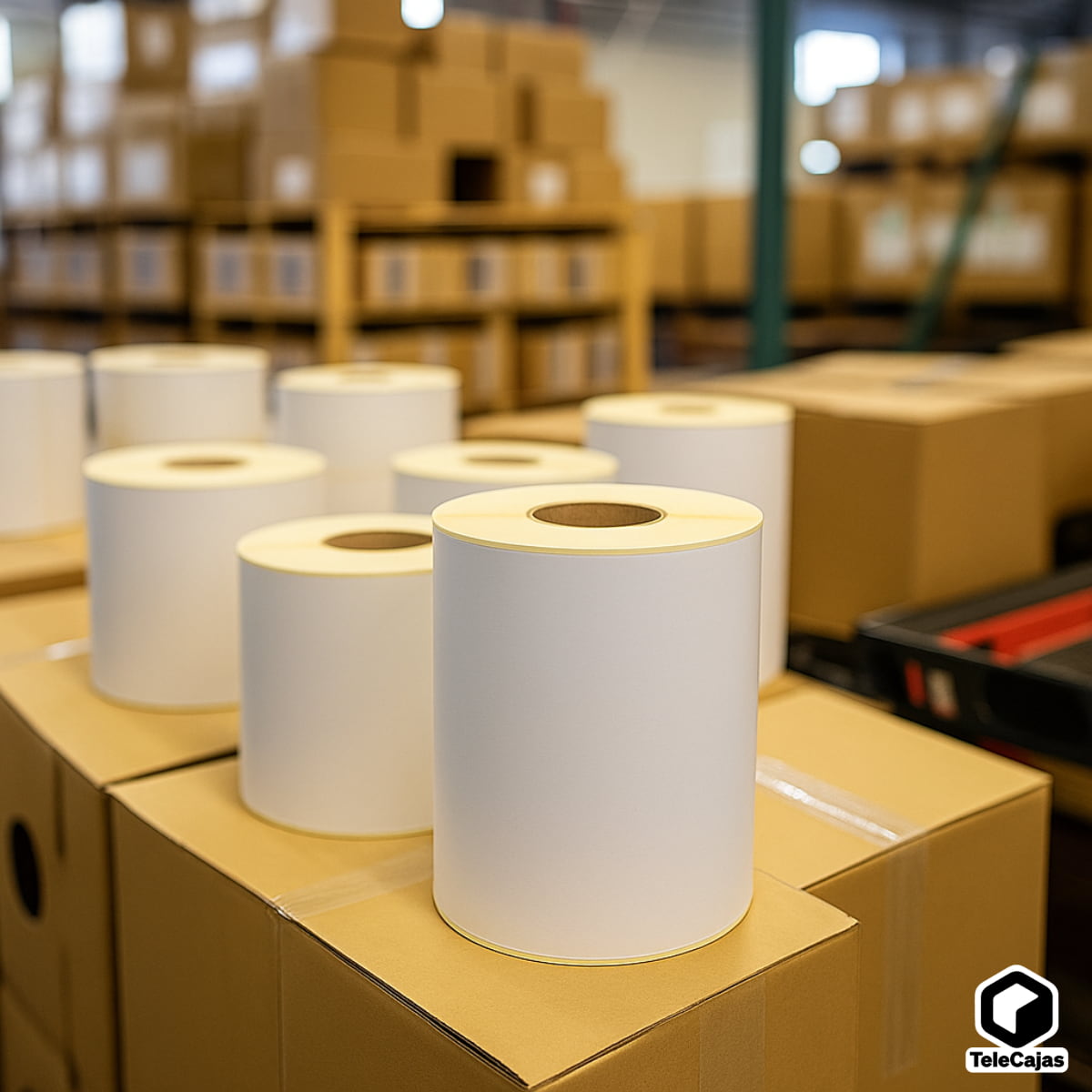 Almacen con Etiquetas térmicas adhesivas 10x15 cm en rollo, pack de 1000, ideales para envíos de paquetes en mensajerías y agencias de transporte