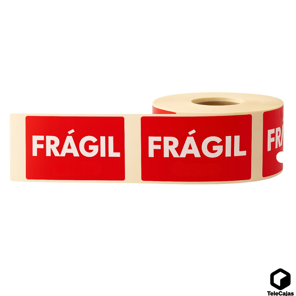Rollo de 1000 pegatinas rojas de “FRÁGIL” en sus caras, utilizada para indicar mercancía delicada.