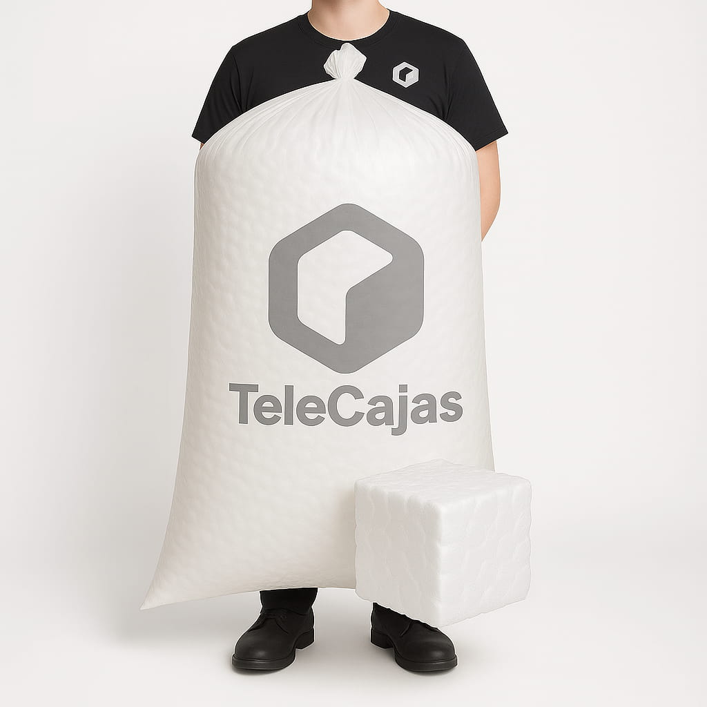 saco de Tacos de poliestireno expandido en forma de cubos o cuadradillos, perfectos para rellenar huecos y proteger productos frágiles durante el transporte. Este relleno para embalaje es reutilizable y ofrece gran absorción de impactos. Ideal para packaging profesional y envíos ecommerce delicados.