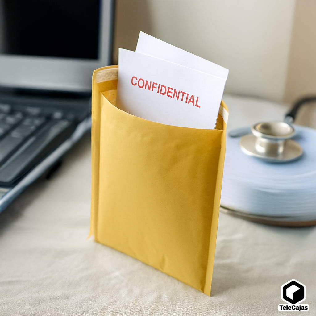Sobre acolchado amarillo con documento confidencial parcialmente visible sobre un escritorio junto a un ordenador de una consulta medica