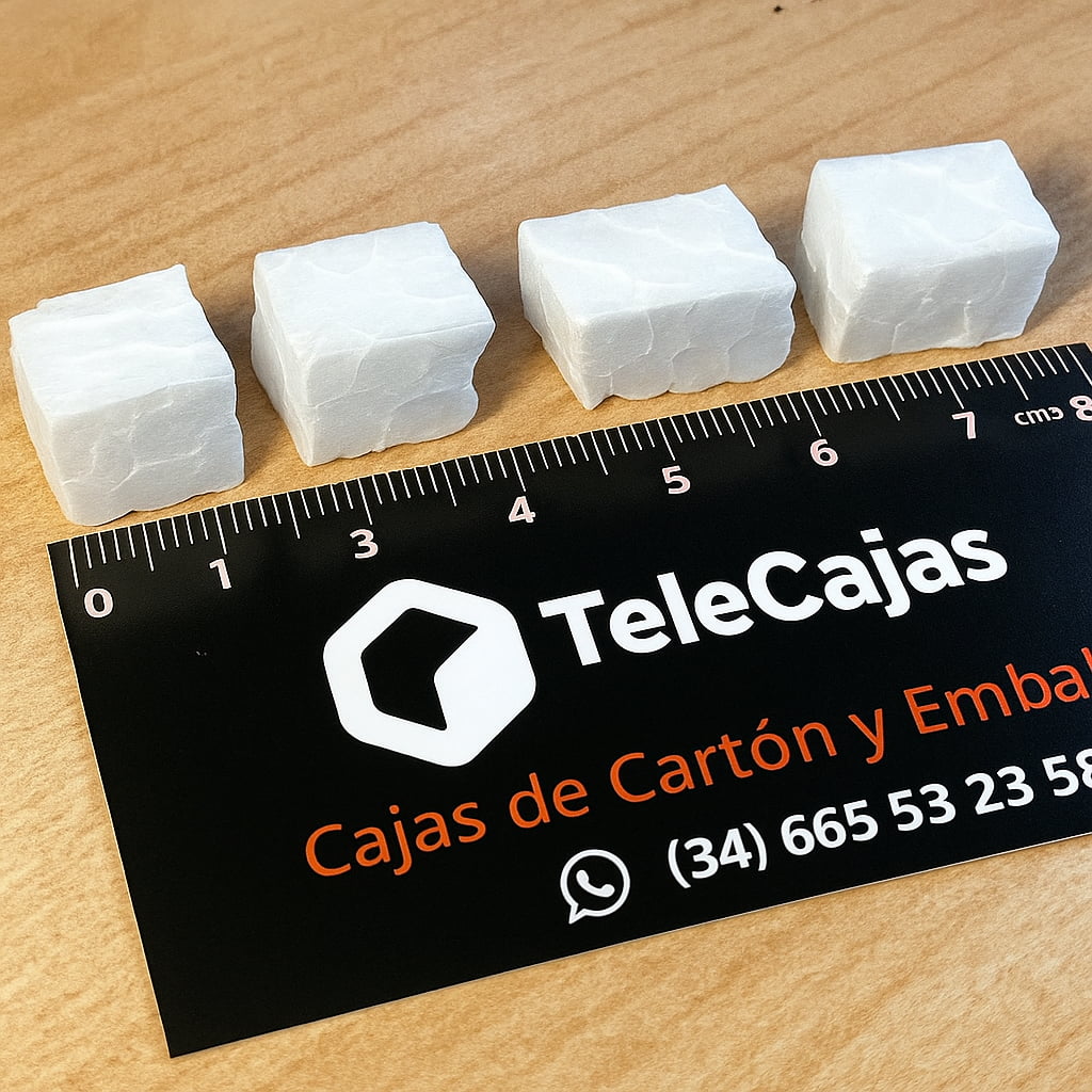 tamaño Tacos de poliestireno expandido en forma de cubos o cuadradillos, perfectos para rellenar huecos y proteger productos frágiles durante el transporte.