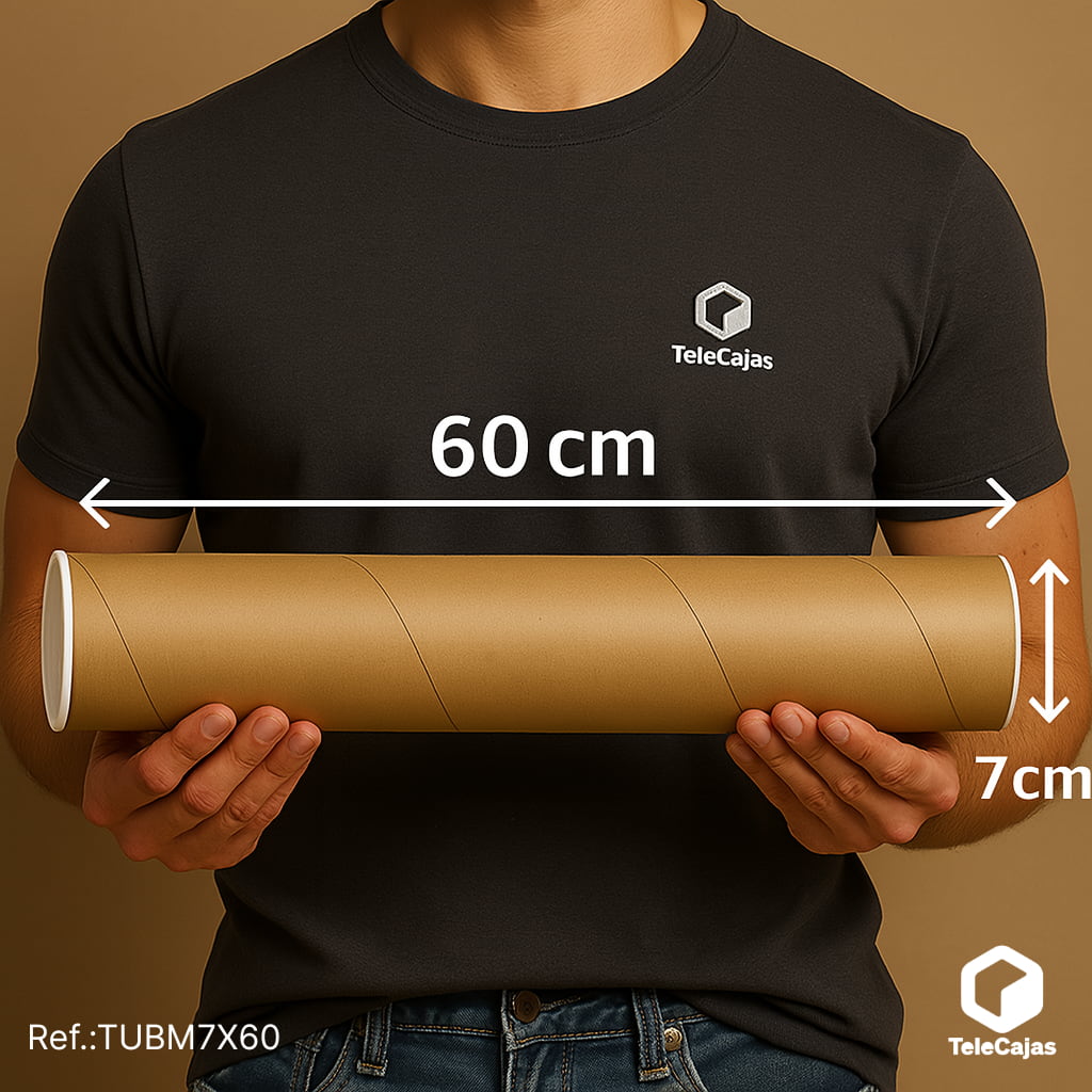 Tubo de cartón resistente de 7 x 60 cm, perfecto para proteger y transportar productos alargados como láminas, posters, mapas o lienzos. Este packaging ecológico es ideal para envíos postales, galerías de arte y tiendas online que requieren una solución segura y reciclable. Incluye tapas de cierre hermético.