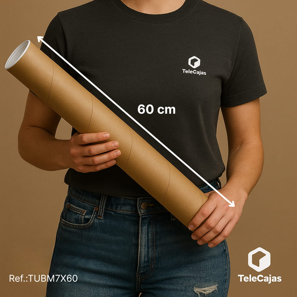 Tubo de cartón resistente de 7 x 60 cm, perfecto para proteger y transportar productos alargados como láminas, posters, mapas o lienzos. Este packaging ecológico es ideal para envíos postales, galerías de arte y tiendas online que requieren una solución segura y reciclable. Incluye tapas de cierre hermético.
