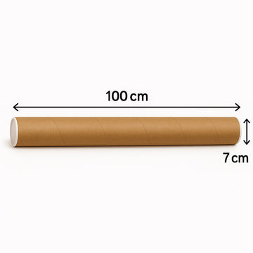 Tubo de cartón marrón con tapas, 7 cm de diámetro y 100 cm de largo, ideal para lienzos, planos o productos largos enrollables como vinilos de corte. Embalaje resistente para envíos seguros