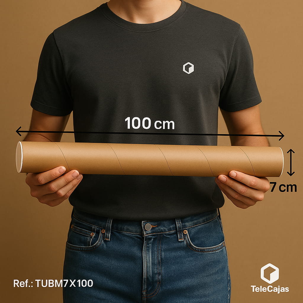 Tubo de cartón marrón con tapas, 7 cm de diámetro y 100 cm de largo, ideal para lienzos, planos o productos largos enrollables como vinilos de corte. Embalaje resistente para envíos seguros